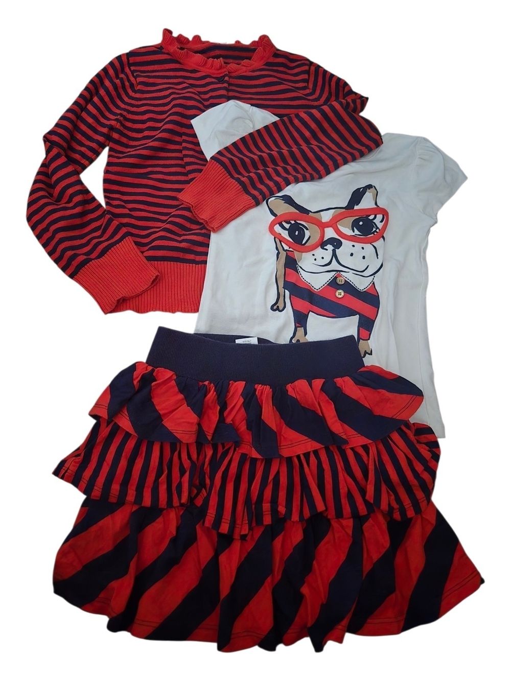 Gymboree Red and Navy Stripe Girls 3-Piece Skirt Set with Dog Tee
